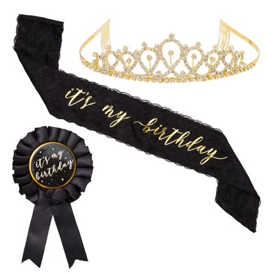 Sparkle and Bash 3 Piece Set It's My Birthday Sash, Ribbon Pin, Gold Rhinestone Tiara Crown, Black