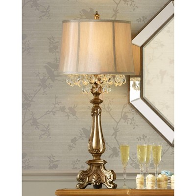 Antique Gold Crystal Beaded Traditional Table Lamp with Drum Shade