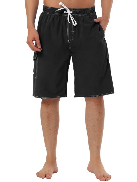 TATT 21 Men's Casual Holiday Solid Color Elastic Waistband Beach Board Shorts Black 32