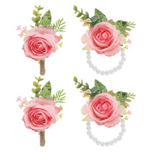 Unique Bargains Rose Wrist Corsage and Boutonnieres Fabric Adjustable Artificial Flowers 4 Pcs - 1 of 4