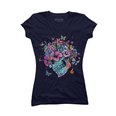 Junior's Design By Humans Floral Butterfly Skull Funny Halloween Costume Hippie Flower By JeilJersey T-Shirt