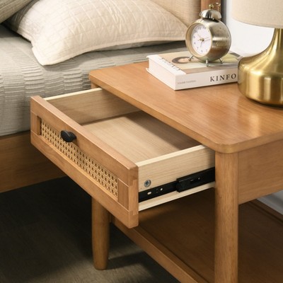 Light Walnut Rubberwood and MDF Nightstand with Woven Drawer