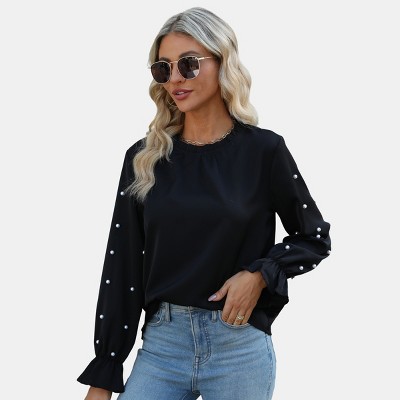 Women's Faux Pearl Puff Long Sleeve Blouse Top - Cupshe-l-black : Target