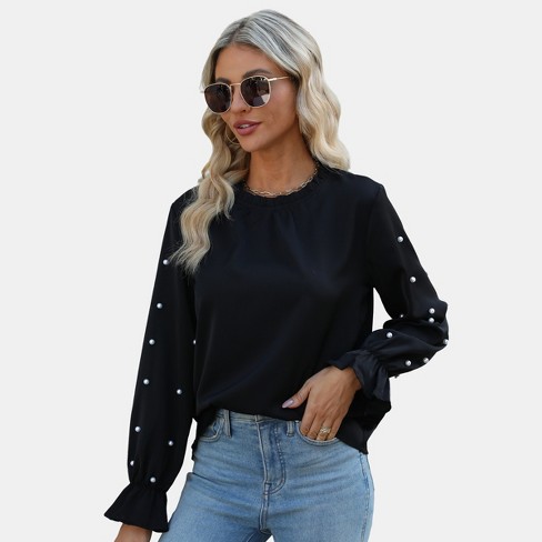Women's Faux Pearl Puff Long Sleeve Blouse Top - Cupshe-xl-black : Target