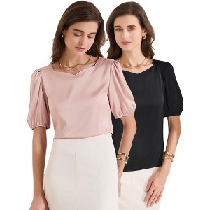 INSPIRE CHIC Women's Work Elegant Sweetheart Neck Half Puff Sleeve Office Work Satin Blouse 2 Packs - 1 of 4
