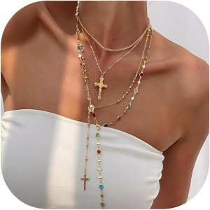 4-Piece Cross Necklace Set for Women, Bohemian Bead & Pearl Y-Pendant Layered Collection - 1 of 4