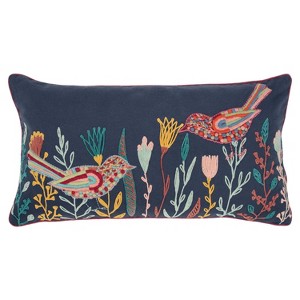 14"x26" Oversized Poly Filled Botanical with Birds Lumbar Throw Pillow - Rizzy Home: Embroidered, Cotton Canvas - 1 of 4