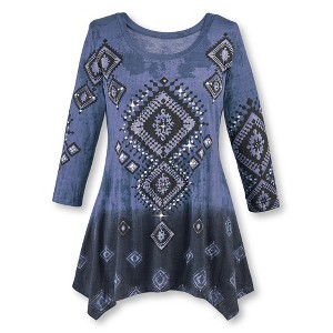 Collections Etc Diamond Aztec Sharkbite Tunic Top Southwestern Style, Three Quarter Sleeves, Brown Ombre - 1 of 4
