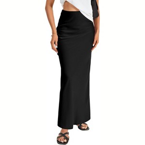Women's Elegant Satin Maxi Skirt - High Waist A-Line Long Skirt with Smooth Zipper Plain Black - 1 of 4