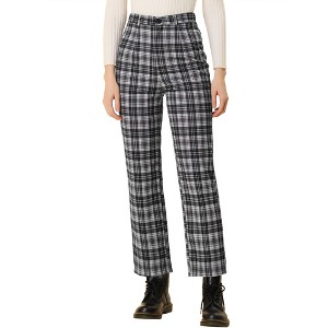 Allegra K Women's Plaid Tartan High Waisted Button Casual Pants - 1 of 4