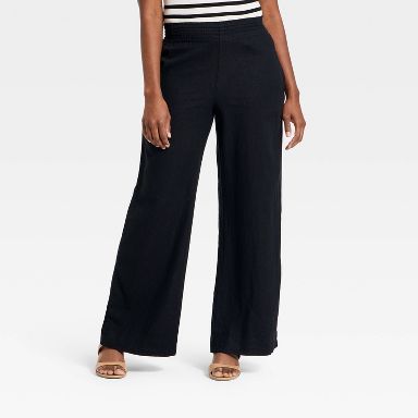 Women's High-Rise Linen Wide Leg Pull-On Pants - A New Day™ Black XS Short