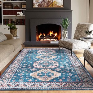 Rug for Living Room Vintage Distressed Boho Area Rug Machine Washable Rug, 4' x 6' Blue - 1 of 4