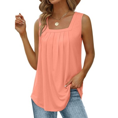 Women's Tank Tops Loose Fit Pleated Square Neck Sleeveless Tops Shirts Curved Hem Summer Outfit