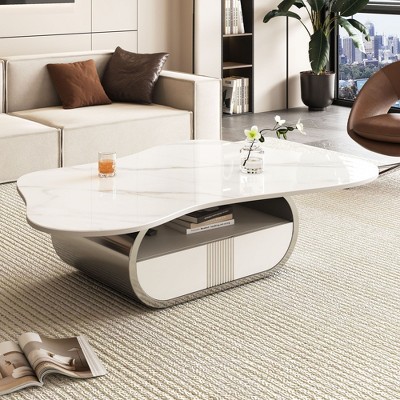 Sapphtopaz Modern Butterfly Coffee Table with Storage Shelf & Drawer Sturdy Center Table with Sintered Stone Top Oval Coffee Bar for Living Room