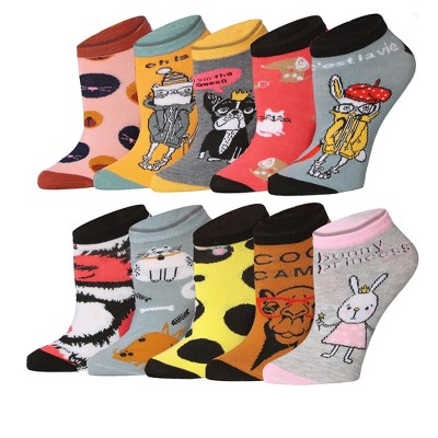 Tipi Toe Womens 10 Pairs Novelty Assortment Pattern & Mix Colors For Vibrant Style Low Cut/No Show Socks
