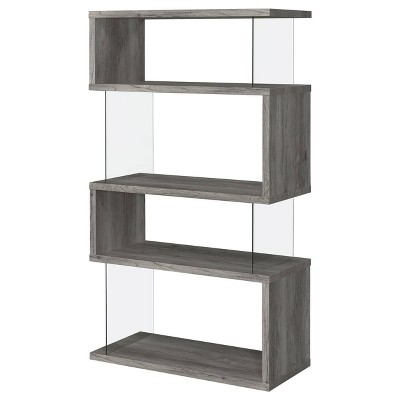 Zigzag Contemporary 63" Gray Wood Bookcase with Glass Panels