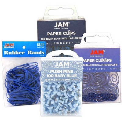 JAM Paper 1 Rubber Bands Push Pins Paper Clips & Round Paper Cloops Blue 3224BUOASRT