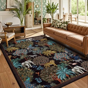 Washable Floral Animal Jungle Rug Non Slip Low Pile Rug Soft Throw Floor Cover Foldable Indoor Carpet for Living Room Bedroom Playroom Nursery - 1 of 4