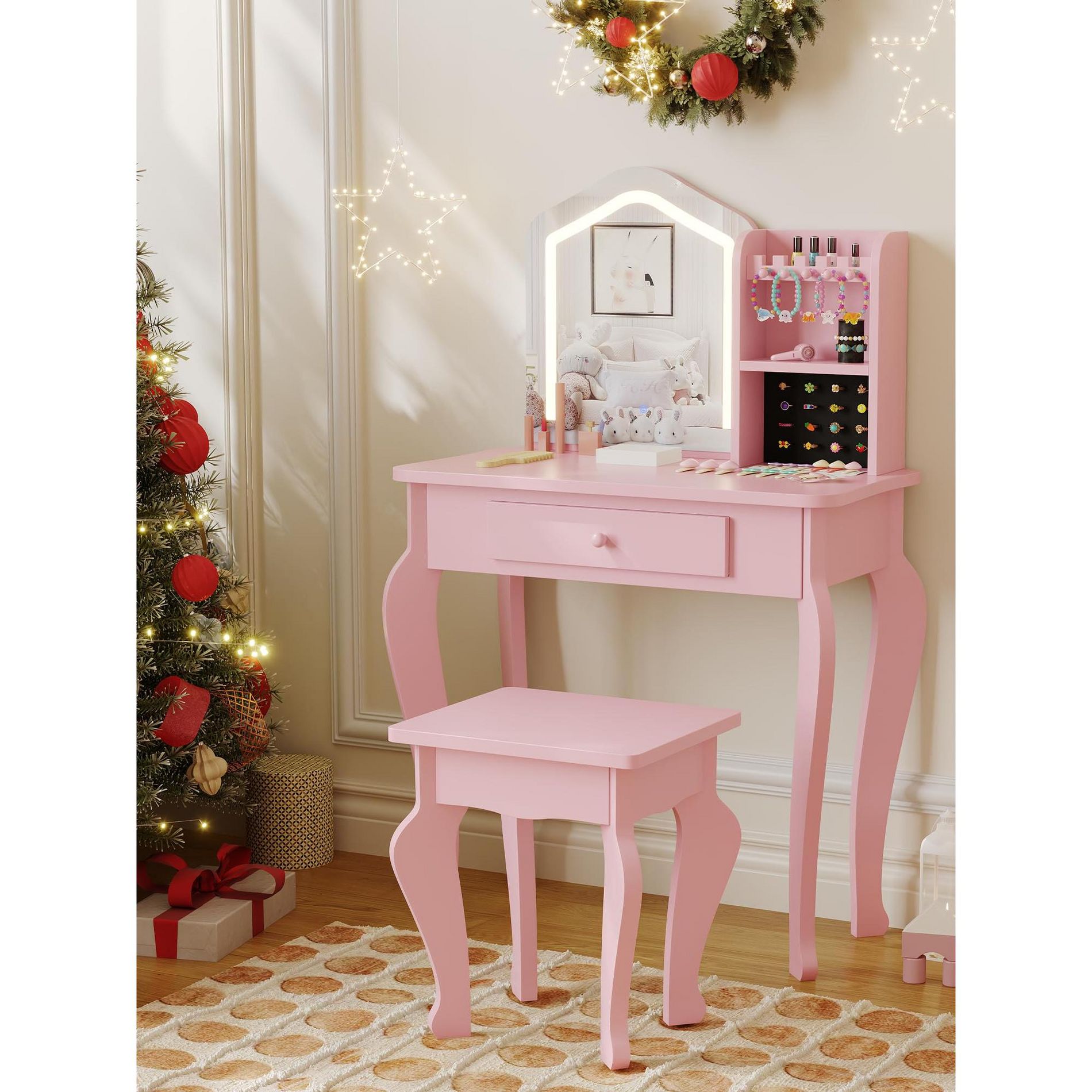 Kids Vanity with Lighted Mirror, Little Girl Vanity and Stool, Toddler Makeup Table Set and Makeup Playset for 3-8 Girls