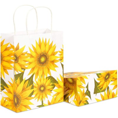 Sparkle and Bash 24 Pack Sunflower Paper Gift Bags with Handles for Birthday Party Supplies, 10 x 8 x 4 In