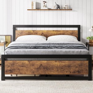 Garvee Marco Cama Queen/King - Cabecera Madera/Base Metal, Plataforma Industrial, Sin Somier, Fácil Montaje Sin Ruido, Color café - 1 of 4