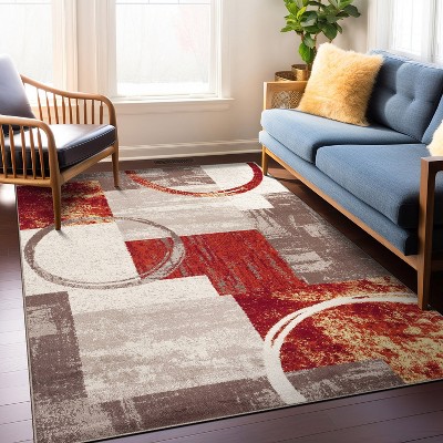 Rectangular Rust and Ivory Abstract Synthetic Area Rug