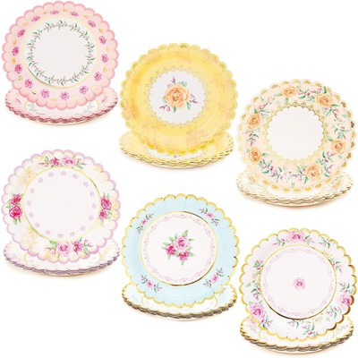 Sparkle and Bash 48 Pack Scallop Disposable Paper Plates 7 Inches - with Foil Accents, 6 Design Assorted
