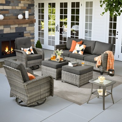 XIZZI Outdoor Rattan Sectional Sofa Set, Modular Patio Lounge Set w/ Swivel Chairs, Side Table & Optional 3-Seat Sofa/Ottomans/Firepit/Coffee Table