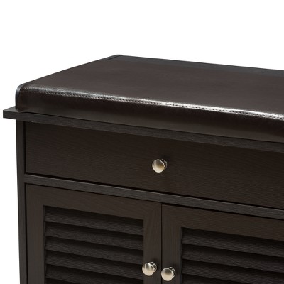 Contemporary Dark Brown Wood 2-Drawer Shoe Storage Bench with Faux Leather Cushion