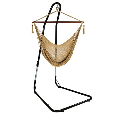 Sunnydaze Caribbean Style Extra Large Hanging Rope Hammock Chair Swing with Stand - 300 lb Weight Capacity - Tan