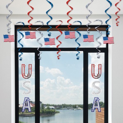Patriotic Red, Blue, Silver American Flag Hanging Swirls, 17.5"-28"