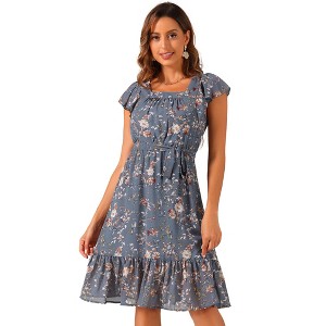 Allegra K Women's Floral Chiffon Flutter Sleeve Belted Square Neck Ruffled Hem Dress - 1 of 4