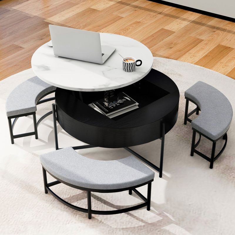 Modern Round Lift-Top Coffee Table with Storage and 3 Ottoman, White+Black-ModernLuxe, 1 of 16