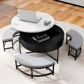 Modern Round Lift-Top Coffee Table with Storage and 3 Ottoman, White+Black-ModernLuxe