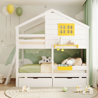 NicBex Twin over Twin Loft Bed Bed Frame with Drawers, Bedside Shelf, Box, Window, Roof, Inclined Ladder and Guardrail, No Box Spring Required