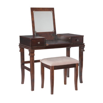 Angela Traditional Wood Flip-up Mirror 2 Drawer Vanity and Cream  Upholstered Stool Walnut - Linon