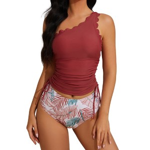Women Two Piece Swimsuits One Shoulder Bathing Suits Tummy Control Ruched Wavy Edge Tankini Sets - 1 of 4
