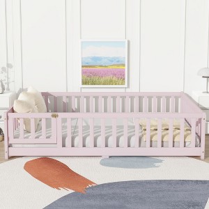 Dolonm Full Size Floor Bed with Safety Fence & Door, Low-Profile Rubber Wood Kids Bed - 1 of 4