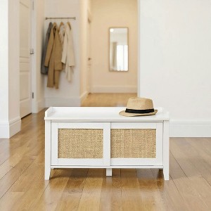 Resenkos Entryway Shoe Storage Bench - with 2 Rattan Sliding Doors, Pine Wood Legs, for Hallway, White - 1 of 4