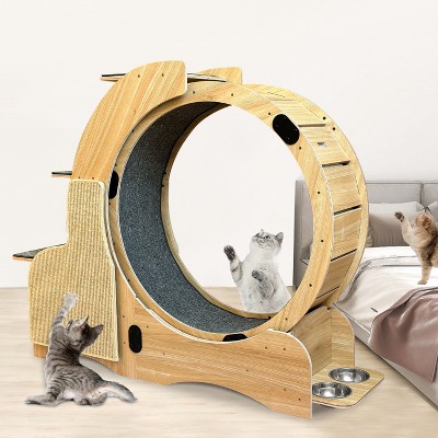 Cat Sports Running Wheel, Wooden Cat Exerciser Treadmill with Cat Scratching Board & Bowl, Cats Wheel Wood Climbing Frame for Indoor Cats