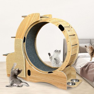 Cat Sports Running Wheel, Wooden Cat Exerciser Treadmill with Cat Scratching Board & Bowl, Cats Wheel Wood Climbing Frame for Indoor Cats - 1 of 4