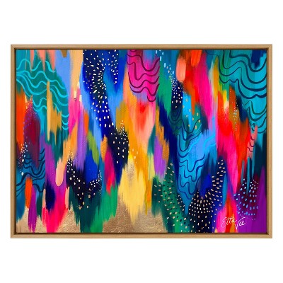 Colorful Abstract Brushstroke Canvas Wall Art in Natural Frame