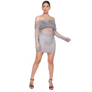 Slickblue Women's Mini Skirt, Mid-Rise Rhinestone Fishnet Knit, Party Skirt, Glam Style, Tan/Grey Silver, Size S-L - 1 of 4