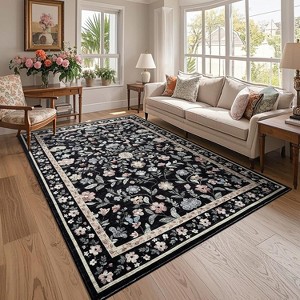 Coucheta Washable Area Rug - Non-Slip Vintage Floral Low Pile Soft Living Room Carpet, Machine Washable Farmhouse Rug for Bedroom - 1 of 4