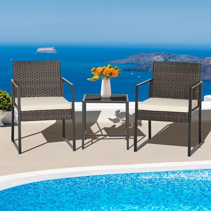 Costway 3pcs Patio Furniture Set Heavy Duty Cushioned Wicker Rattan Chairs Table, 1 of 11
