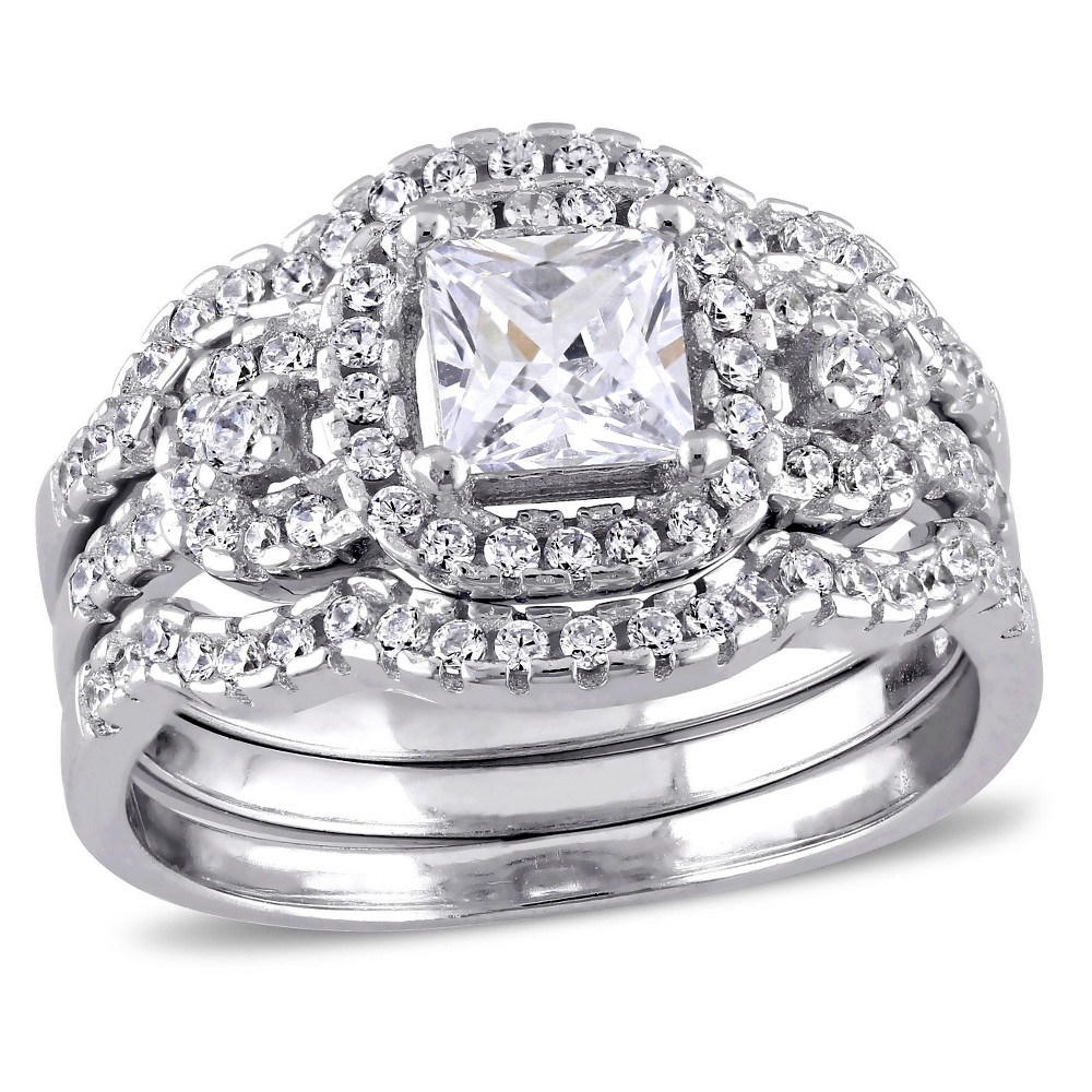 Photos - Ring 2 1/5 CT. T.W. Square Cubic Zirconia Halo Bridal Set in Sterling Silver 