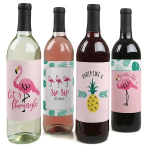 Big Dot of Happiness Pink Flamingo - Party Like a Pineapple - Tropical Summer Party Decor for Women and Men - Wine Bottle Label Stickers - Set of 4 - 1 of 4