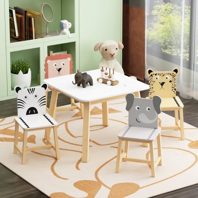 FURNIinspire Kids Table Sets 5 Piece Table Chair Set, Cartoon Animals Kids Wood Table with 4 Chairs Set for Nursery, White, 23.6"*23.6"*19.7"