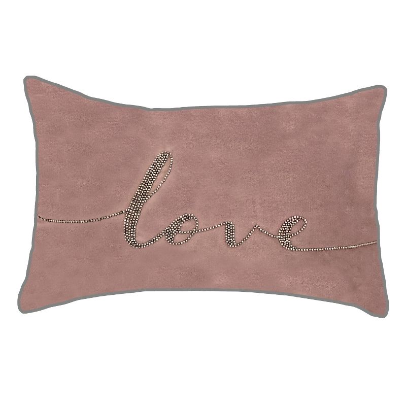 12"x18" Poly-Filled Beaded 'Love' Luxe Velvet Lumbar Throw Pillow - Edie@Home, 1 of 7