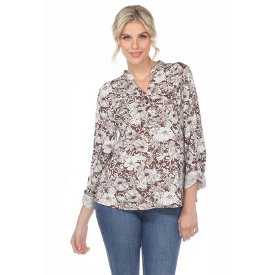 Women's Pleated Casual Floral Blouse Brown Medium - White Mark : Target